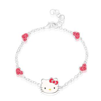Sanrio Hello Kitty Officially Licensed Authentic Silver Plated Bracelet with Flowers or Hearts and Crystals - 6.5 + 1"