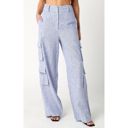 Women s Railroad Stripe Linen Cargo Pant Olivaceous Target