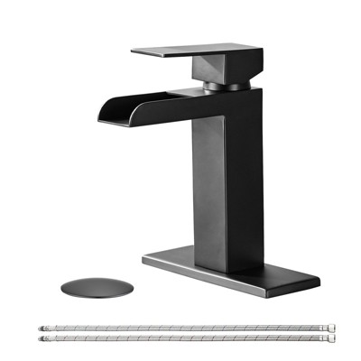 DOMETOUR Waterfall Bathroom Faucet Black Single Handle Sink Faucet with Deck Plate & Pop Up Drain Matte Black