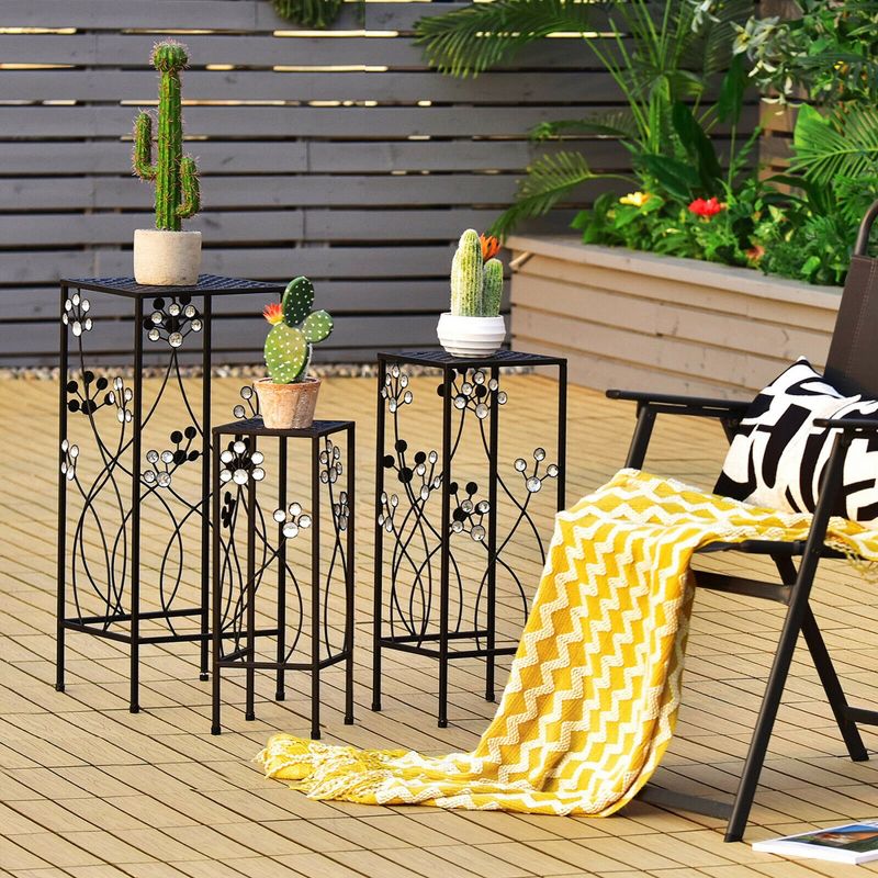 Costway 3 Pcs Metal Plant Stand Set Plant Pot Holder w/Crystal Floral Accents Square, 2 of 10