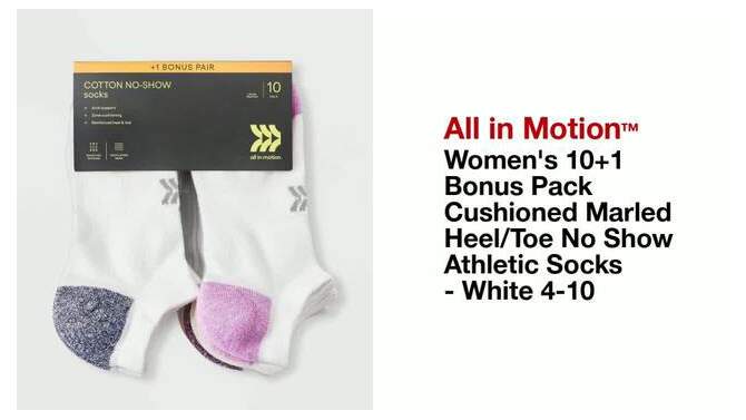 Women&#39;s 10+1 Bonus Pack Cushioned Marled Heel/Toe No Show Athletic Socks - All In Motion&#8482; White 4-10, 2 of 5, play video