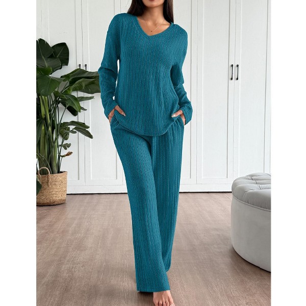 Conjunto de loungerie para mujer de manga larga, pijama de punto acanalado de 2 piezas, ropa casual para estar en casa con bolsillos 4