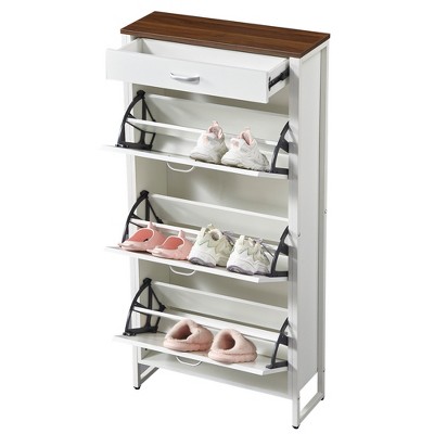 Shoe Cabinet With 3 Flip Drawers And 1 Pulling Drawer, Slim Floor Standing Storage Racks, Hidden Narrow Shoe Organizers For Front Door Entryway White
