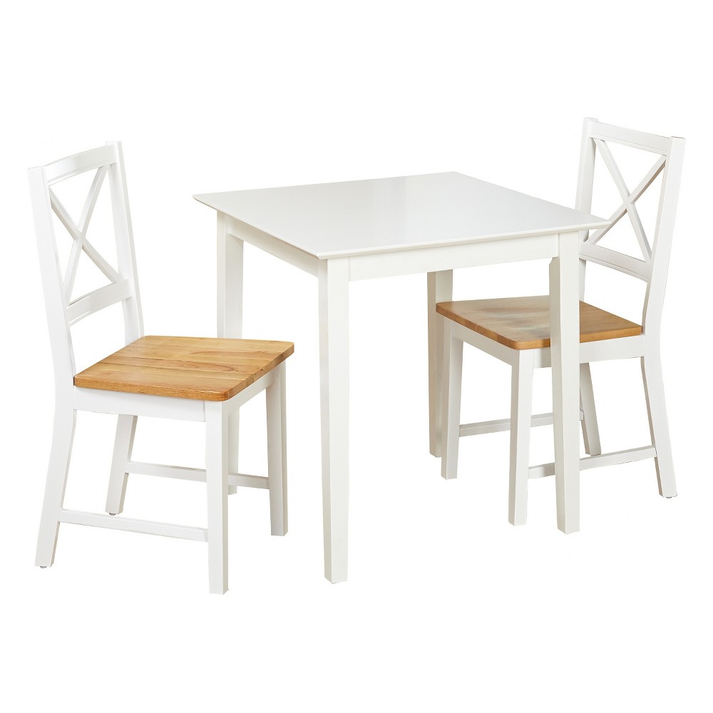 Buylateral 3pc Cross Back Dining Set White: Square Table, Wood Frame, 2 Armless Chairs