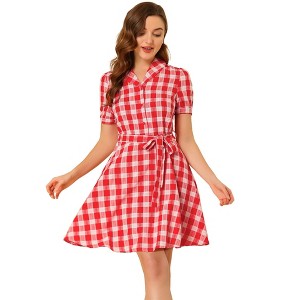 INSPIRE CHIC Women's Short Sleeve Retro Waist Belt Check Button Up A-Line Plaid Shirt Dress - 1 of 4