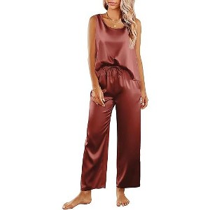 Ekouaer Womens Satin Pajamas Set Back Split Top and Long Pant Silk Pj Set Tank Sleepwear - 1 of 2