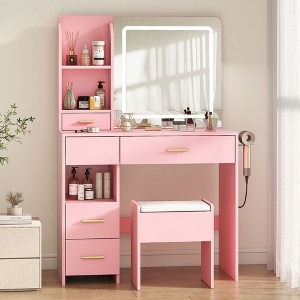 Vanity Desk with Mirror and Lights, 3 Adjustable Lighting Makeup Vanity Desk with 3 Storage Shelves, 5 Large Drawers and Power Outlet - 1 of 4