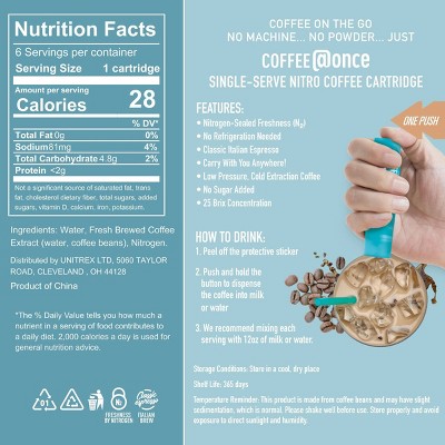 @Once Coffee Cold Brew Espresso Roast Single Serve Nitro Coffee Cartridges - 96g/6ct