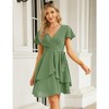Womens Skater Dresses Sexy V Neck Short Sleeve Tie Waist Solid Ruffle Boho Flowy Swing Mini Dress - 2 of 4