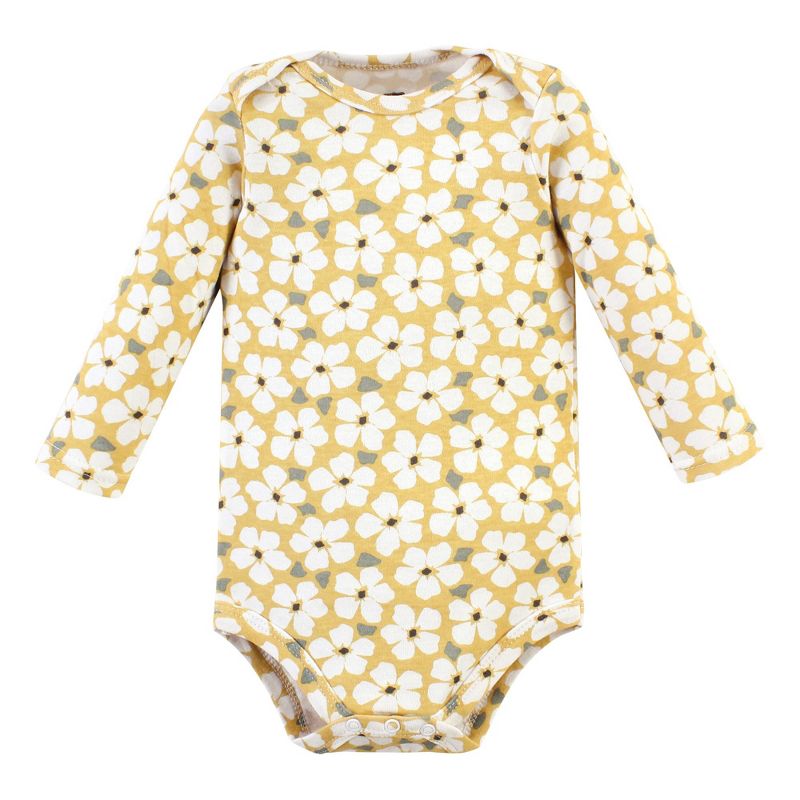 Hudson Baby Infant Girl Cotton Long-Sleeve Bodysuits, Sage Floral Wreath 3 Pack, 4 of 6