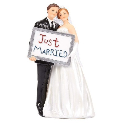 Juvale Bride Groom Figurines with Just Married Board Wedding Cake Topper, Wedding Party Decorations Gifts