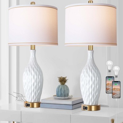 ROTTOGOON 27" White Ceramic Table Lamp Set of 2, 3-Way Dimmable Touch Control Bedside Lamps with USB Ports for Bedroom Living Room, Linen Shade