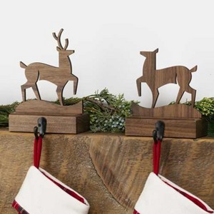 Deer (Set of 2)  Walnut Wood Stocking Hanger | MerryStockings - 1 of 1