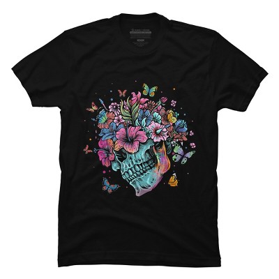 Men's Design By Humans Floral Butterfly Skull Funny Halloween Costume Hippie Flower By JeilJersey T-Shirt