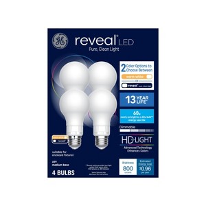 GE 4pk 60W Color Select A19 LED Light Bulbs: Warm White, 8W, Dimmable, 800 Lumens, E26 Base, 3000K, 13.7-Year Life - 1 of 4