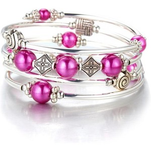 Beaded Pearl Bangle Wrap Bracelet with Thick Silver Metal Beads, Multilayer Bohemian Charm Jewelry for Women - 1 of 4