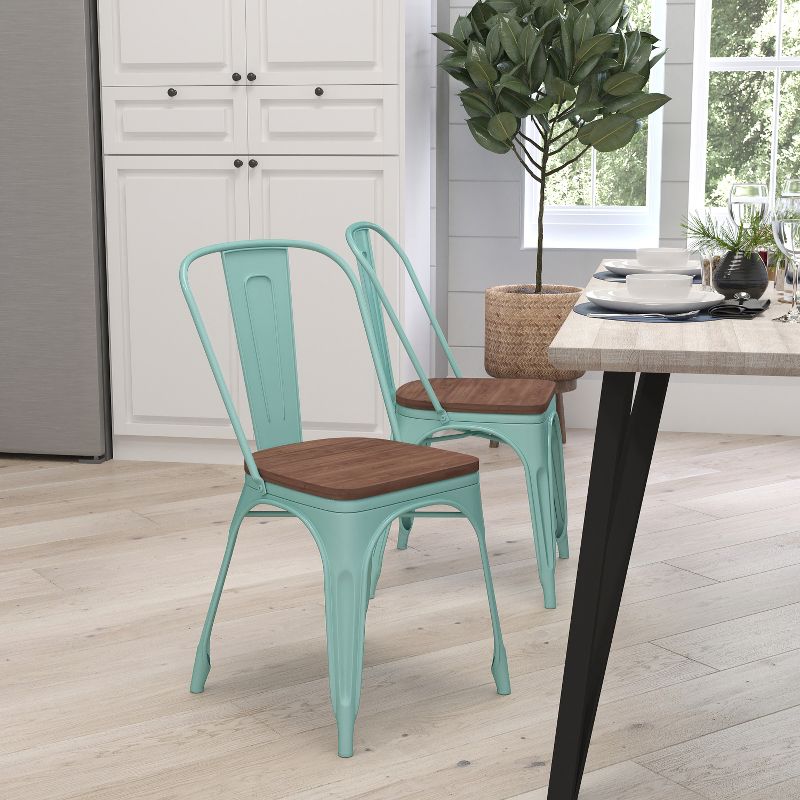 Merrick Lane Calumet Metal Stacking Chair with Curved, Slatted Back and Rustic Wood Seat, 3 of 9