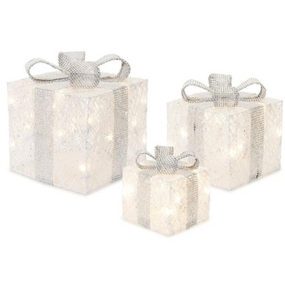 LED Lighted Presents with Silver Bow Ties (Set of 3)