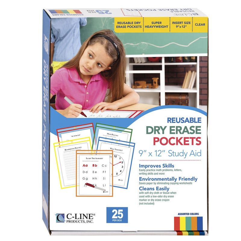 C-Line® Reusable Dry Erase Pockets, Primary Colors, 9 x 12, Pack of 25, 3 of 4