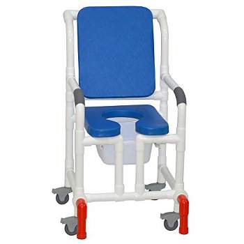 MJM International Corporation Shower chair 18 in width 3 in total castersseat BLUE cushion padded back true open 10 qt slide mode pail 300 lb wt