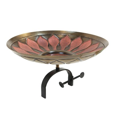 9.25" Brass Red African Daisy Birdbath with Over Rail Bracket Antique Patina Finish - Achla Designs