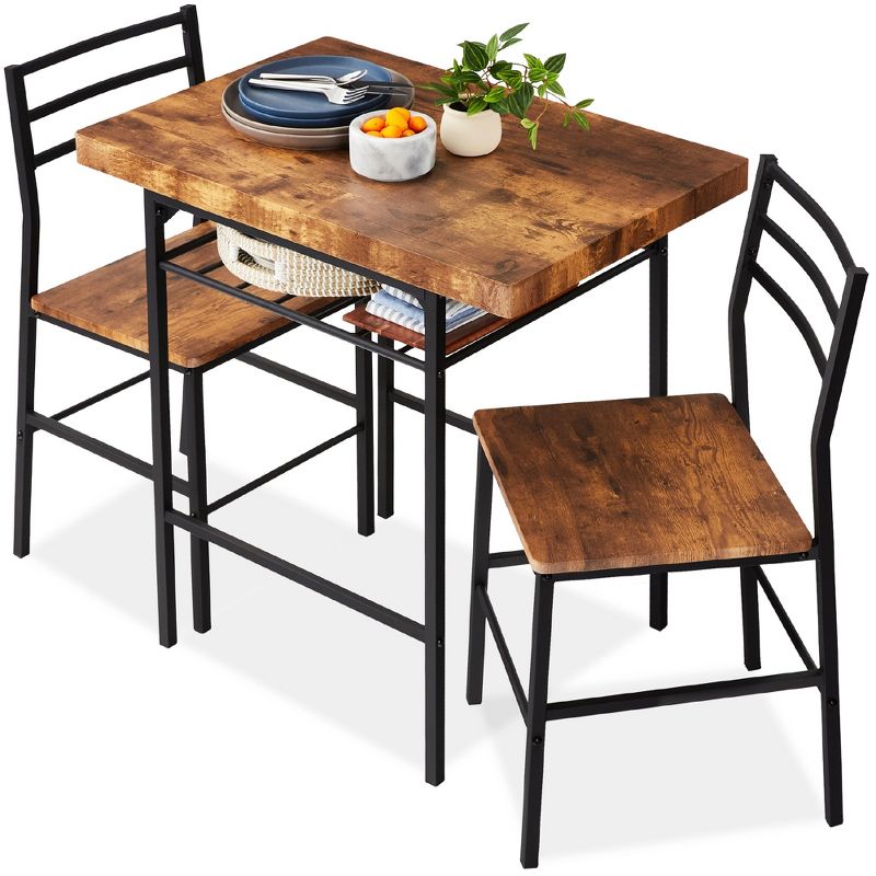 Best Choice Products 3-Piece Modern Dining Set, Square Table & Chairs Set w/ Steel Frame, Built-In Storage Rack, 1 of 9