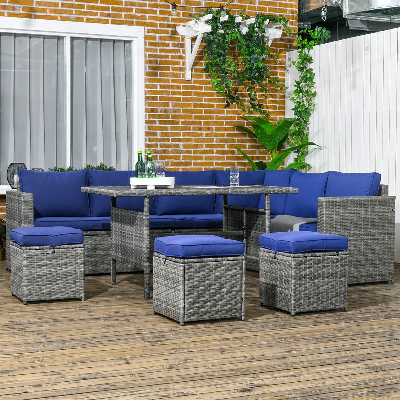 Outsunny 7 Piece Patio Furniture Set, Outdoor L-Shaped Sectional Sofa with 3 Loveseats, 3 Ottoman Chairs, Dining Table, Cushions, Storage, Dark Blue, 3 of 7