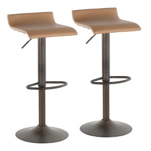 Industrial Adjustable Barstool in Antique Metal and Camel Faux Leather with 360¡ã Swivel and Built-In Footrest, Set of 2 - 1 of 4
