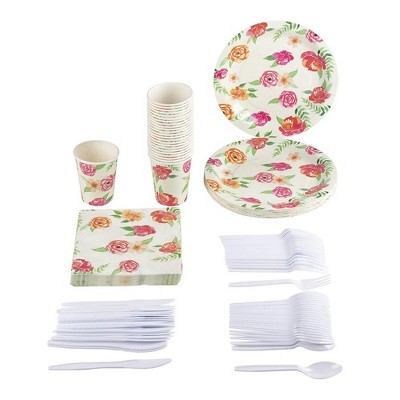 Juvale 144 Pieces Serves 24 Pink & Orange Floral Party Supplies - Disposable Plate, Napkin, Cups & Cutlery