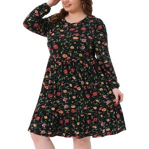 Women's Plus Size Floral Pleated Tiered Crew Neck Long Sleeve Casual Midi Dress with Pocket - Agnes Orinda - 1 of 4