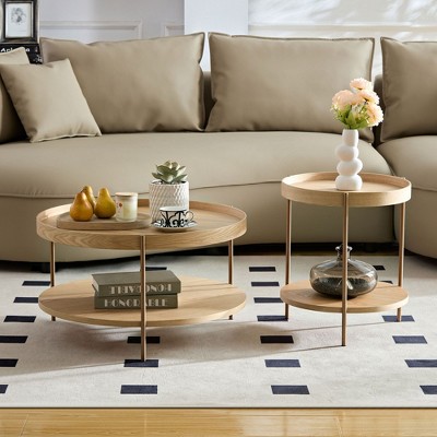 CAVINAS Coffee Tables for Living Room 2 tier Round Nesting Coffee Table Set of 2, Modern End Side Tables for Bedroom Office Balcony Yard