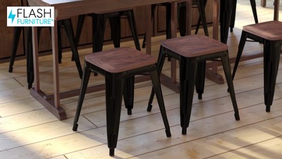 Red 18" Backless Metal Dining Stools with Wooden Seats, Set of 4