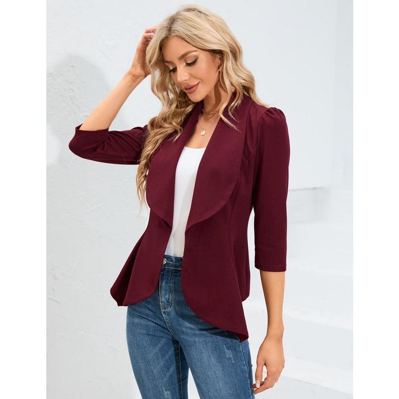 Womens Casual Blazer 3/4 Puff Sleeve Open Front Ruffle Work Office Cardigan Suit Jacket, 3 of 7