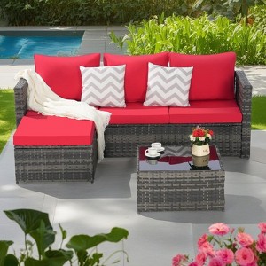 3-Pieces Outdoor Patio L-Shaped Sectional Sofa Set with Glass Coffee Table - 1 of 4