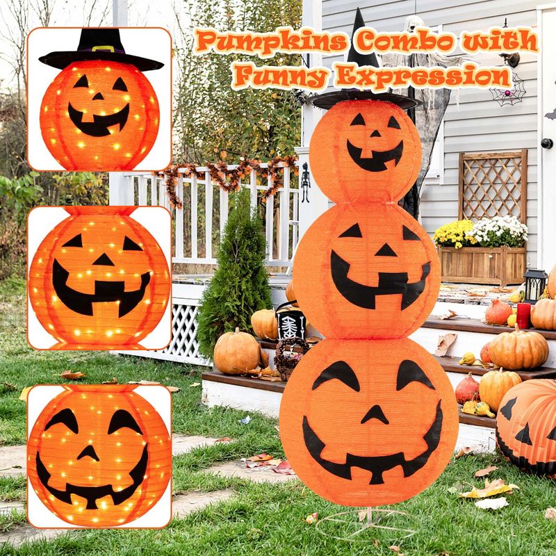 Costway 5 FT Halloween Pumpkin Decoration Triple Stacked Pre-Lit Combo w/ Witch Hat, 5 of 11