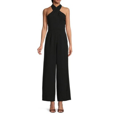 EG PRO Women Crepe Jumpsuit Stretch Criss Cross Halter Neckline Sleeveless With Pockets