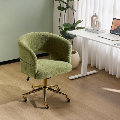 VINGLI Modern Curved Office & Vanity Desk Chair, Cute Upholstered Nail Chair with Wheels & 360° Swivel & Club & Tilting, Velvet Chenille, Mint Green