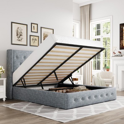 Allewie Lift Up Storage Bed, Button Tufted Headboard with Wingback, No Box Spring Needed, Hydraulic Storage, Button Tufted