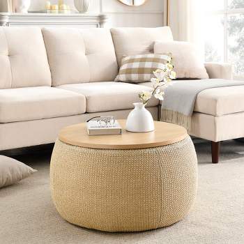 Veneer Round Storage Ottoman, Work as End Table and Ottoman for Living Room and Bedroom, 4W -ModernLuxe