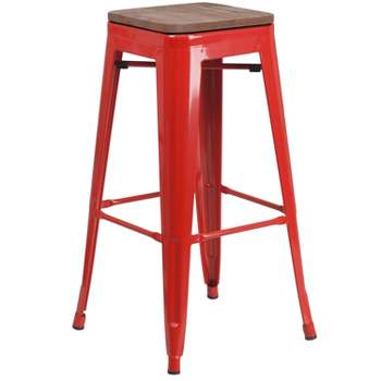 Flash Furniture 30" High Backless Metal Barstool with Square Wood Seat