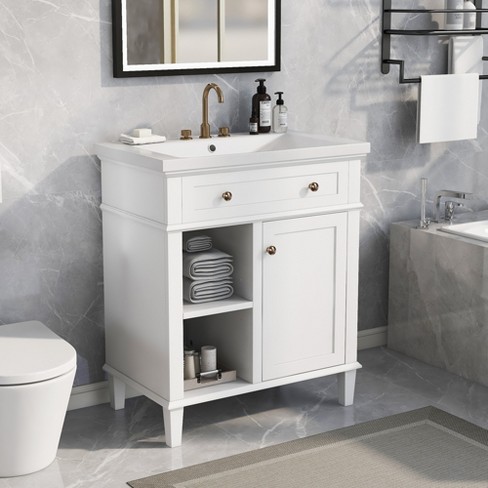 Bathroom Sink Cabinet, Pedestal Sink Cabinet with Adjustable Shelf, White 