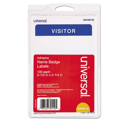 Universal Visitor Self-Adhesive Name Badges, 3.5 x 2.25, White/Blue, 100/Pack
