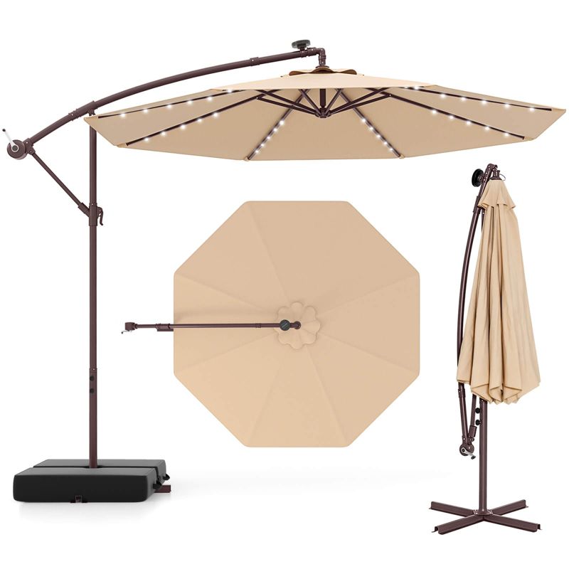 Costway Patio 10FT Hanging Offset Umbrella 32 LED Lights Sand Bag Outdoor Cross Base