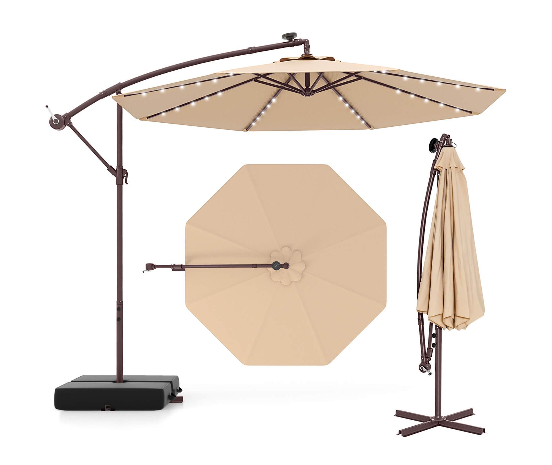 Costway Patio 10FT Hanging Offset Umbrella 32 LED Lights Sand Bag Outdoor Cross Base Beige/Turquoise/Dark Gray/Wine/Coffee/Navy