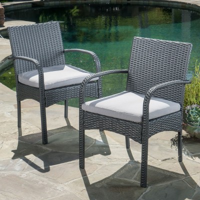 Gray Wicker Outdoor Dining Chairs with Cushions, Set of 2