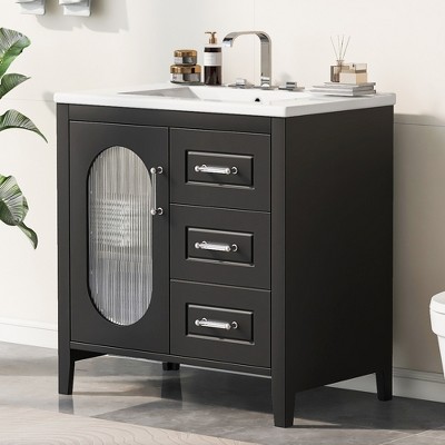 Whisen 30" Bathroom Vanity with Sink, Bathroom Vanity Cabinet with Fluted Glass Door, Drawers and Adjustable Shelf - Black