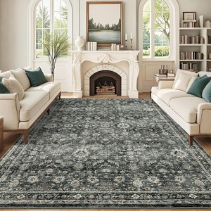 9x12 Green Large Washable Area Rug, Vintage Oriental Floral Carpet, Ultra-Thin Soft Low Pile Non-Slip Non-Shedding Floor Mat for Bedroom, Office - 1 of 4