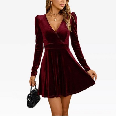 Womens Velvet Dress V Neck High Waist Surplice Christmas Dress Slim Fit Flared Mini Dress for Night Date Evening Events