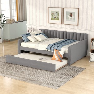 TIRAMISUBEST Full Size Upholstered Daybed with Trundle and Wood Slat Support, Velvet Daybed Frame Sofa Bed with Backrest for Living Room - 1 of 4