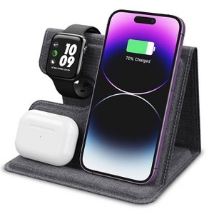 Sungale Wireless 18W Charger Portable & Foldable Leather Wrapped 3-in-1 for Smart Phone, Earbuds & Smart Watch - 1 of 4